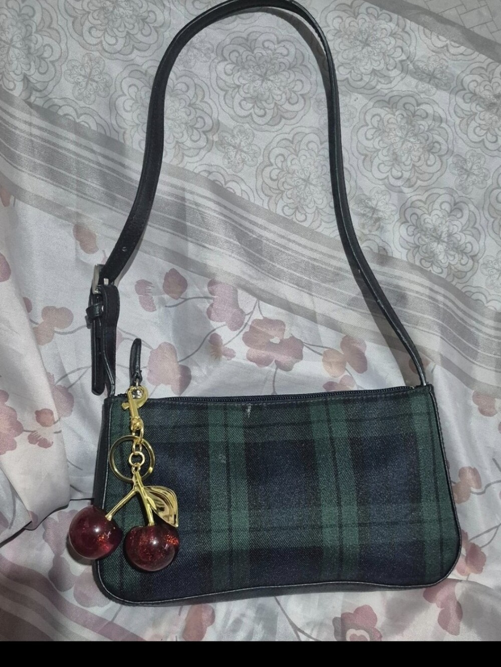 Y2K Villager Black and Dark Green Plaid Mini Shoulder Bag with Cherry Charm